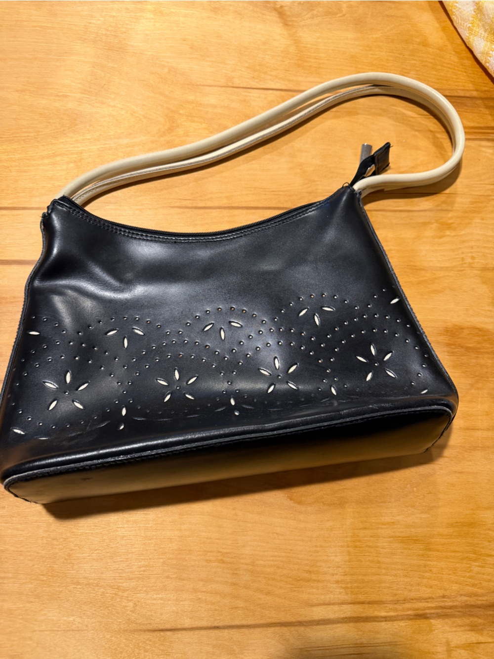 European Classic Black Shoulder Bag with Cream Strap
